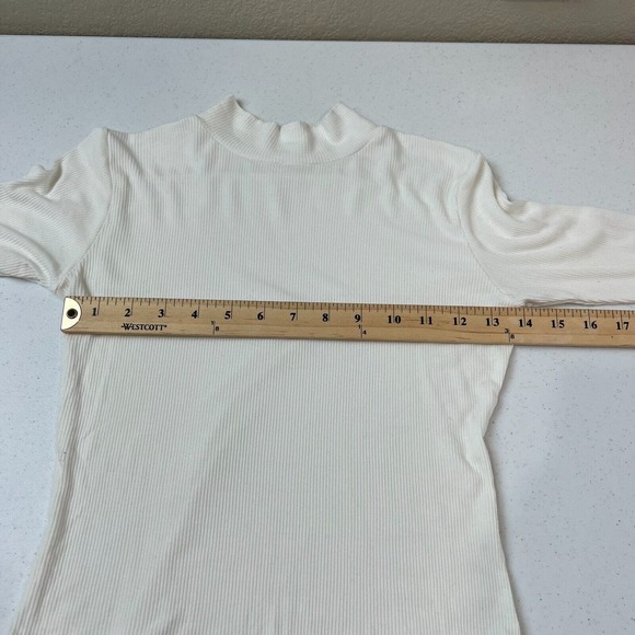 Laia Womens Crop Top Tee White Ribbed Knit Mock Neck Long Sleeve Fitted Preppy - Picture 7 of 9
